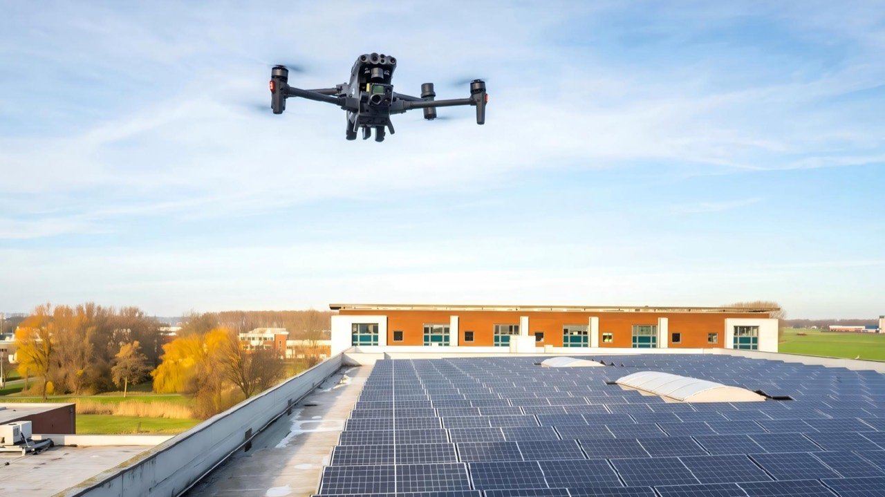 UAV inspecting an energy and solar infrastructure site